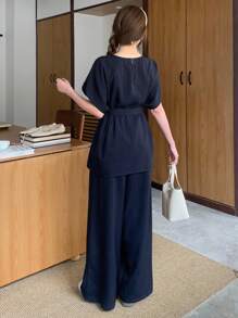 SHEIN Long Striped Teen Girls Co-Ords In Royal Blue With Comfortable Fit And Classic Round Neck Two Piece Set Pants And Top Set Preppy Two Piece Set Linen Two Piece Set Wide Leg Pants And Top Set Wide Leg Pants Set