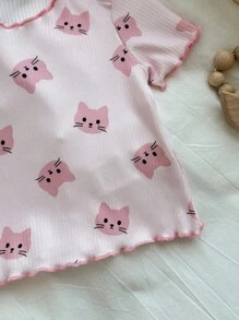 Dozemod Kids 4pcs Newborn Baby Girl Cute Cartoon Cat & Heart Pattern Ruffle Hem Top & Pants Casual Comfortable Home Pajamas Set Print - Baby Pink - View 5