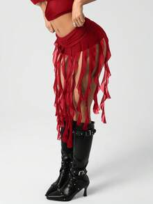 SHEIN ICON 女式低腰黑色高开衩不对称网眼垂坠不对称下摆半身裙 - 酒紅色 - 查看 4