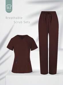 TaskEZ 柔软舒适的V领多口袋短袖套装 - 咖啡棕 - 查看 1