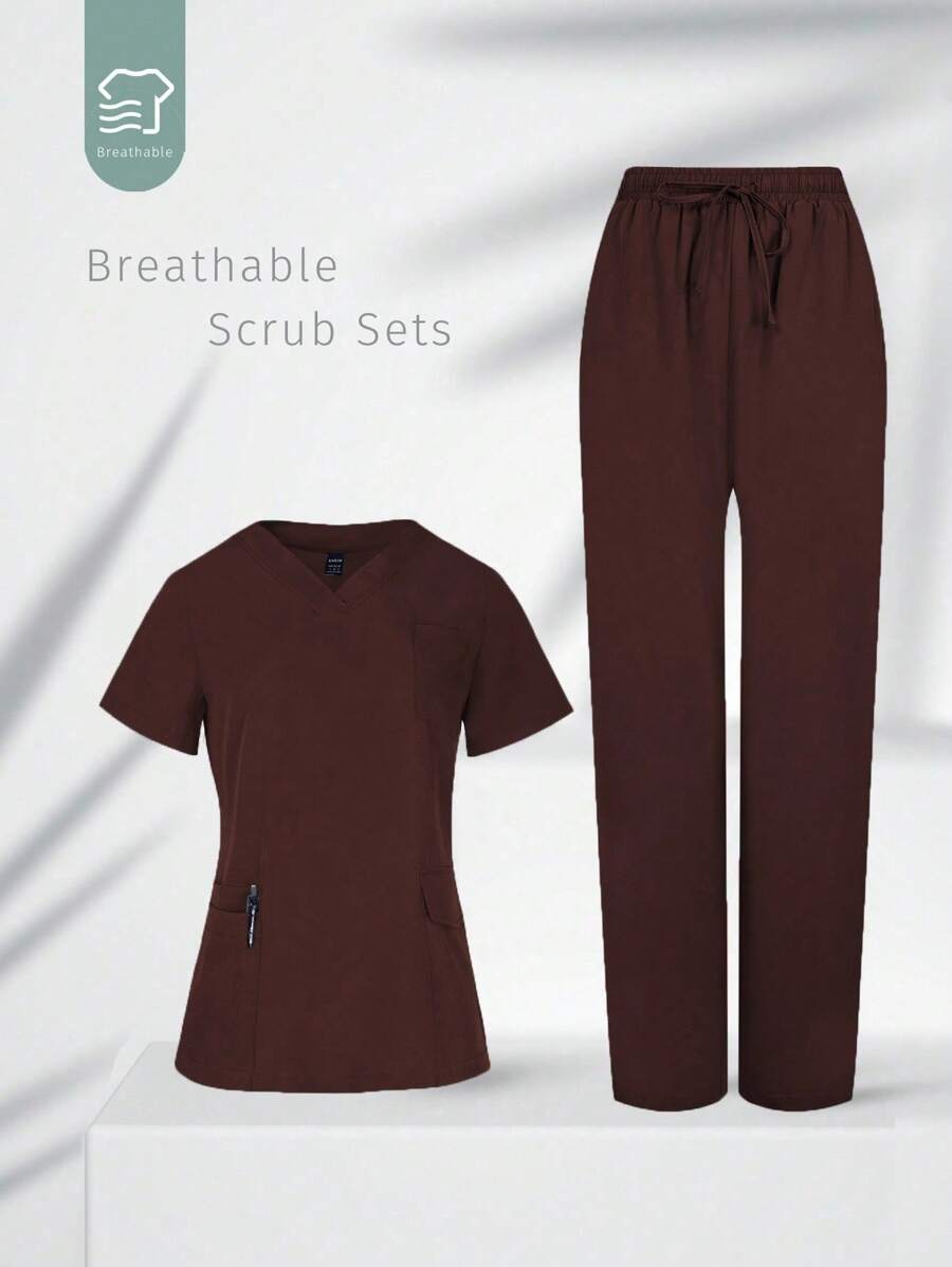 TaskEZ 柔软舒适的V领多口袋短袖套装 - 咖啡棕 - 查看 1