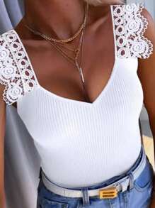 Plus Size Women Solid Color Contrast Lace Trim Fitted Elegant Camisole Top For Summer - White - View 1