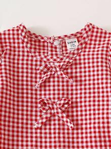 SHEIN 2件套女婴2025春季时尚休闲长袖红白格子上衣+红白格子裤套装