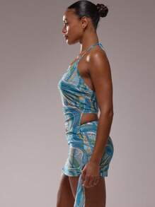 MUSERA Áo cổ yếm có đệm ngực, vạt áo bất đối xứng, chất liệu lưới in họa tiết, ôm sát, thích hợp cho kỳ nghỉ ở Ibiza, phong cách thanh lịch Ibiza, dễ thương, thích hợp cho lễ hội bãi biển, tiệc tùng, phong cách Boho, đồ đi biển, trang phục nghỉ mát, thanh lịch, mùa xuân hè. - Màu xanh lam - Xem 4