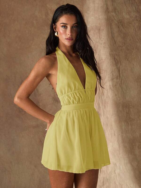 Glamine Mono de pierna ancha de unicolor con cuello en V, espalda descubierta y solapa, adecuado para vacaciones en la playa, uso casual, ropa de mujer de otoño, vuelta al colegio