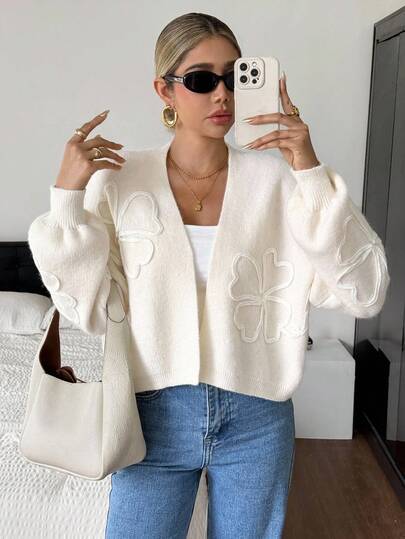 Siren Gaze Women's Winter White Floral Elegant Knit Cardigan,Handmade Floral Pattern Long Sleeve Short Outerwear For Brunch,Date,Business Casual & School,Apricot