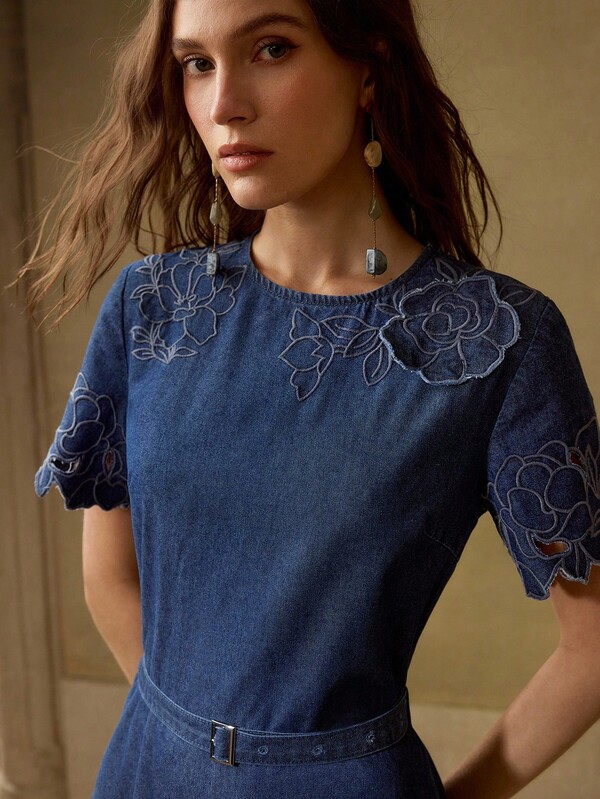 MOTF PREMIUM Women's Floral Embroidery Round Neck Short Sleeve Casual Denim Dress