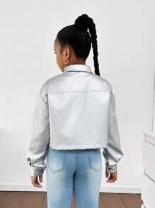 SHEIN 青少年女孩时尚休闲翻领口袋金属纽扣前 PU 短夹克 - 銀色 - 查看 2