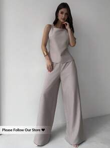 Firerie 春夏新款优雅简约杏色亚麻无袖收腰修身上衣和高腰长裤两件套，亚麻两件套，适合度假、通勤、海滩、机场等 - 杏色 - 查看 3