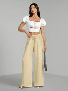 SHEIN Tall Lösa byxor i bomull med dragsko i midjan i texturerat, krinklat tyg - Gul - Visa 4