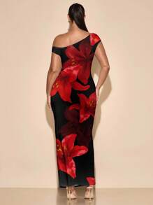 SHEIN BAE 加大码不对称肩热带花卉印花休闲连衣裙，优雅度假风格，适合返校季和夏季 - 彩色 - 查看 2