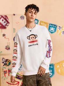 Paul Frank X SHEIN 男士休闲日常街头服饰卡通字母图案落肩宽松套头衫，春秋季 - 白色 - 查看 3