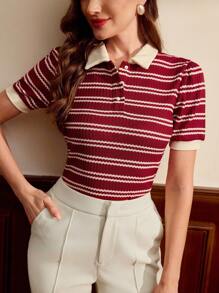 Vintamour Áo thun cổ bẻ cổ bẻ Jacquard thanh lịch cổ điển dành cho nữ, áo thun đi làm, áo thun đi chơi mùa hè dành cho nữ, áo thun nữ đi nghỉ, trang phục phương Tây dành cho nữ, trang phục công sở thường ngày dành cho nữ, trang phục mùa hè dành cho nữ, trang phục đi chơi dễ thương dành cho nữ, trang phục công sở dành cho nữ, trang phục nhà thờ dành cho nữ, trang phục mùa hè dành cho nữ, trang phục trở lại trường dành cho giáo viên, trang phục đi chơi dành cho nữ, trang phục mùa thu dành cho nữ, trang phục nhà thờ - Màu Đỏ Sâu - Xem 3