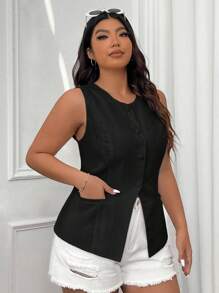 SHEIN EZwear Plus Size Black Sleeveless Casual Waist Coat Vest For Holiday, Spring/Summer,Business Casual Woman Graduation,Back To School,Teacher Outfits For Women In Fall/Winter
