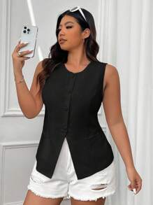 SHEIN EZwear Plus Size Black Sleeveless Casual Waist Coat Vest For Holiday, Spring/Summer,Business Casual Woman Graduation,Back To School,Teacher Outfits For Women In Fall/Winter