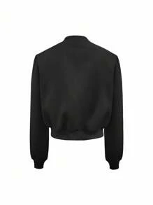 INAWLY Áo khoác bomber màu trơn thông thường cho nữ, mùa xuân và mùa thu - màu đen - Xem 2