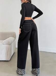 SHEIN Tall HIGH RISE WIDELEG JEAN WITH LEOPARD TALL - Black - View 2