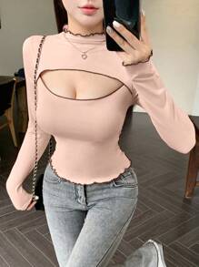 DAZY Maglietta elegante e casual da donna con collo alto, maniche lunghe, decorazione a righe e dettagli traforati