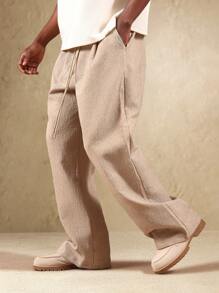 SUMWON Pantalones anchos de pierna con textura de lino, cómodos y de ajuste relajado con cordón, ropa casual de resort, transpirables de fibra natural para verano, primavera y otoño - Albaricoque - Ver 1