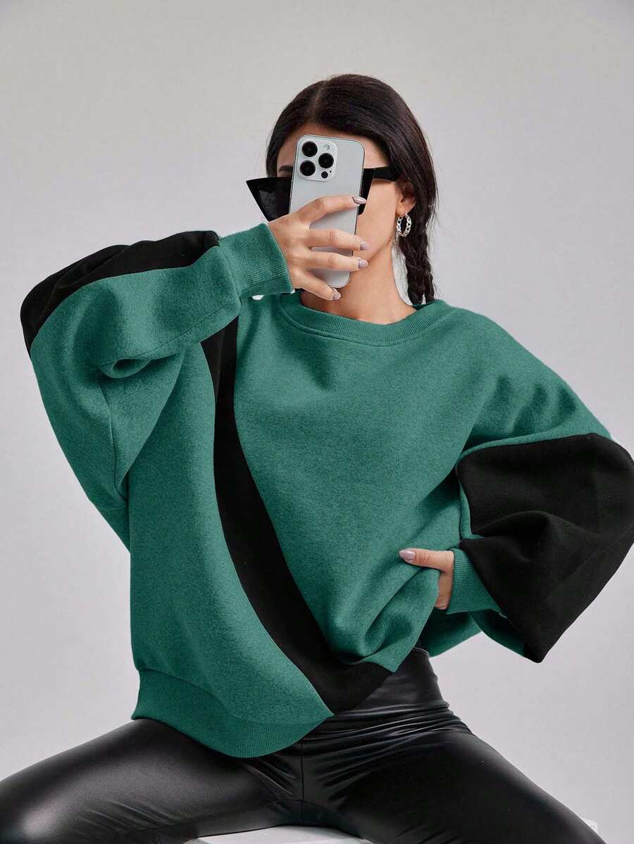 EURMUSE Cotton Colorblock Drop Shoulder Sweatshirt - Mint Green - View 1
