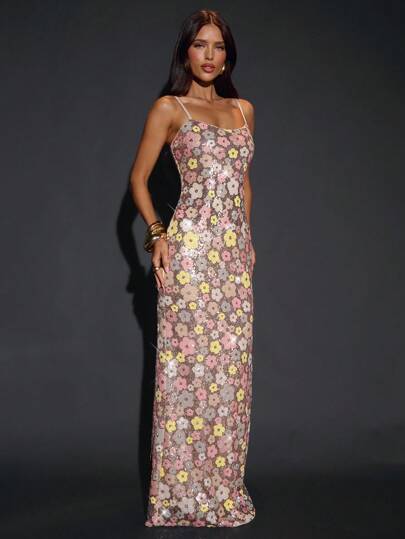 SHEIN BAE Autumn And Winter Women's Cocktail Party Nightclub Event Night Out At Night Floral Embroidered Sequined Suspender Dress Tight Straight Cut Back Center Slit Elegant Long Dress, ,Wedding Guest Dress Women,Birthday Dresses For Women,Formal Dresses For Women,Cocktail Dresses For Women, Halloween, Christmas,Party,Fall Wedding Guest Dress