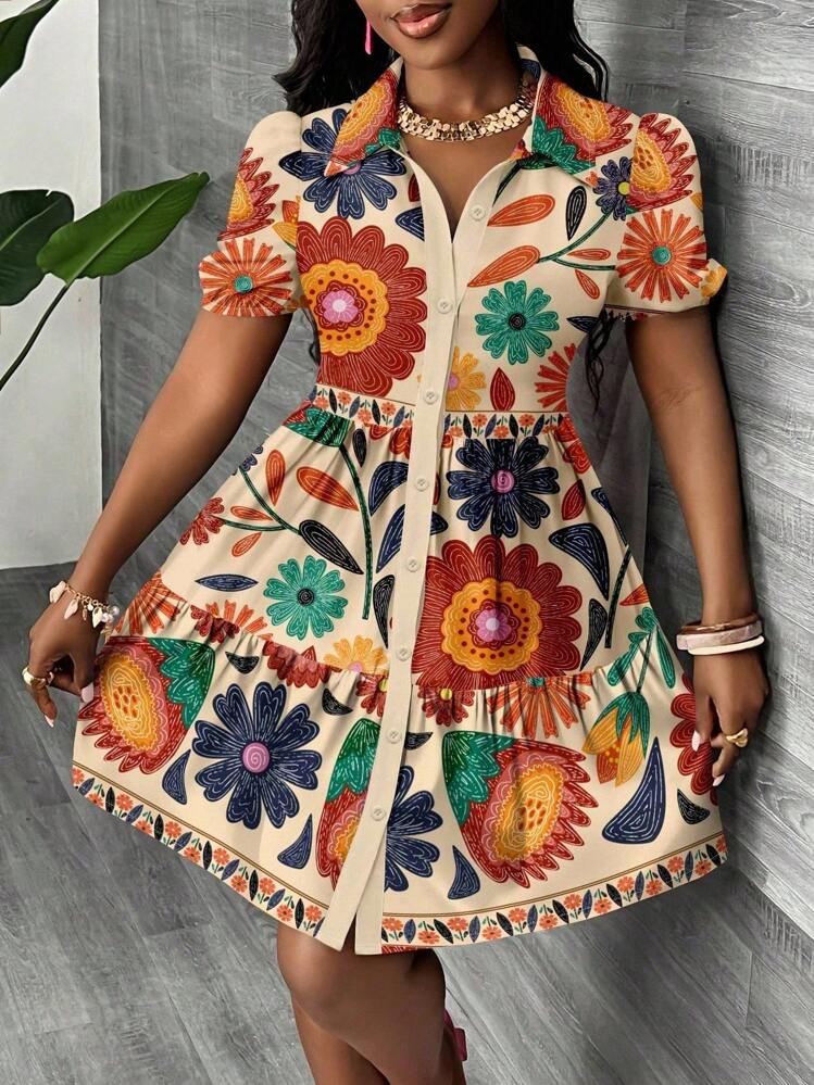 Slaydiva Đầm ngắn tay cỡ lớn in họa tiết toàn thân, cài cúc phía trước, kiểu dáng thường ngày/đi nghỉ mát, thích hợp cho nữ. - Nhiều màu - Xem 7