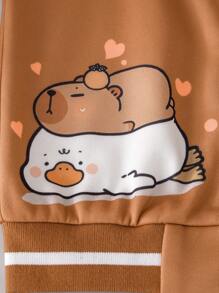 Casual Cute Capybara Print Young Girls Fleece Sweatshirt, Khaki Brown, Japanese Style, Front Pouch, Duck Print, Left Chest S Embroidery, Sleeve English Letter Print, Ribbed Collar & Cuffs & Hem, Long Sleeve Jacket, Suitable For Daily Wear, Outings, Travel, Vacation, Parties - Coffee Brown - View 8