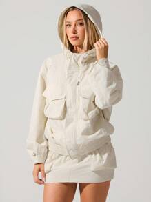 Menodora SHEIN Sport 女士休闲纯色梭织宽松长袖常规夹克 - 杏色 - 查看 5