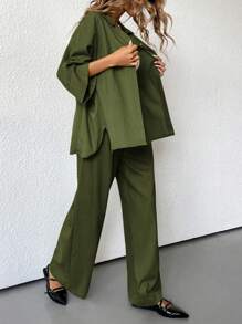 Aveloria Modichic 2 件套女士混纺侧开衩宽松衬衫和高腰阔腿裤优雅商务休闲女装 - 軍綠色 - 查看 5