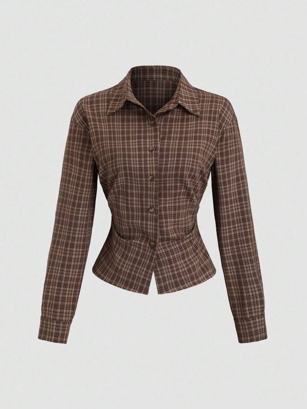 Sweetra 女士新款休闲通勤时尚咖啡格子系腰修身前褶长袖衬衫，适合春秋季