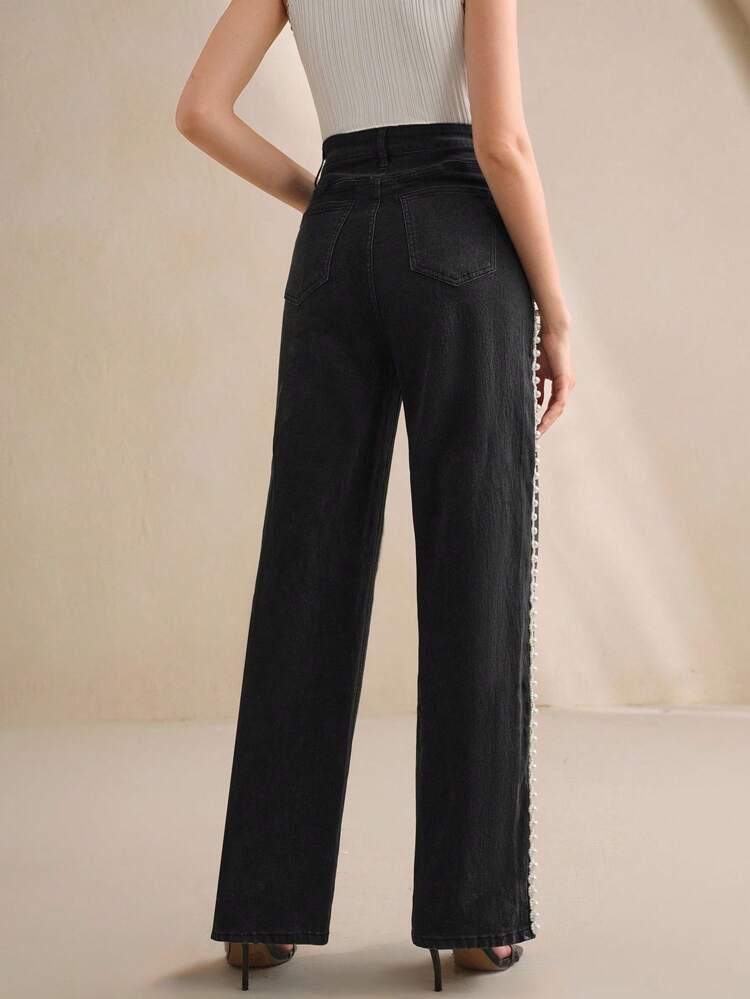 Black Straight Leg Pearl Trim Pocket Casual Straight Leg Pants For Women