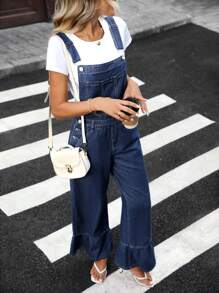 EMERY ROSE 女式休闲牛仔连体裤，带口袋和荷叶边下摆 - 藍色 - 查看 5