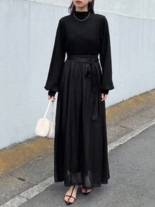 FRIFUL Women's Mock Neck Knit Patchwork Chiffon Loose High Waist Dress - Black - View 1