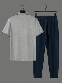 Manfinity Homme 2 pezzi Set uomo estivo casual, composto da polo shirt con stampa grafica e bordi a contrasto, e pantaloni lunghi con vita con coulisse