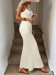 Easowa Women's Black White Striped Bodycon Camisole Dress, Casual For Summer Vacation Music Festival,Bohemian Clothes - Apricot - View 5