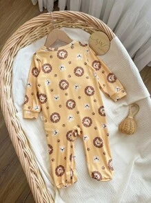 Newborn Baby Boy Cute Cartoon Lion Graphic Round Neck Long Sleeve Zipper Front Soft & Breathable Romper - Yellow - View 2