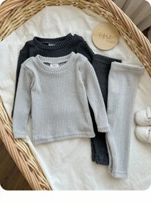 4pcs Baby Boy Solid Gray Comfortable Round Neck Long Sleeve T-Shirt And Leggings Soft Snug Fit Pajama Set