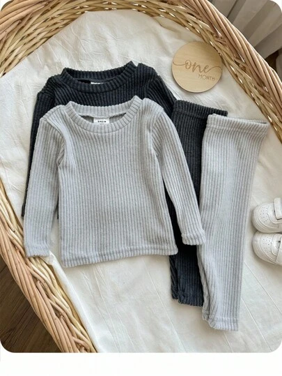 4pcs Baby Boy Solid Gray Comfortable Round Neck Long Sleeve T-Shirt And Leggings Soft Snug Fit Pajama Set