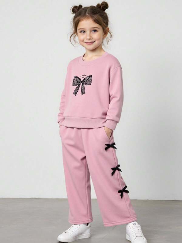 JNSQ 2 pièces Ensemble de tenue pour jeune fille, Sweat-shirt-shirt imprimé papillon et pantalon de jogging décontracté, Tenue de sport confortable pour le port quotidien en automne/hiver, extérieur, vacances, style de rue, fête et loisirs