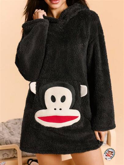 Paul Frank X SHEIN Women's Cartoon Pattern Hooded Long Sleeve Nightgown, Autumn/Winter, Fall