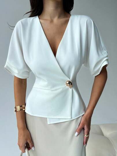 Aloruh Blazer di moda con decorazioni in metallo e maniche corte da donna