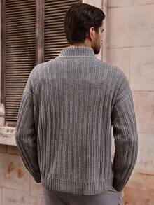 Manfinity VCAY Men's Grey Quarter Zip Sweater,Loose Fit High Neck Ribbed Knit Pullover For Autumn,Smart Casual Date Night Cashmere Soft Solid Color Men's Knitwear - Dark Grey - View 2