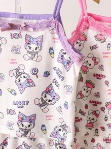 Back To School Fashion 4pcs/Set Young Girl Knitted Camisole & Shorts Set, Cute Rabbit & Kitten Pattern, Purple & Rose Red, Spring/Summer - Multicolor - View 4