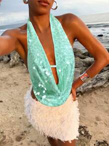 Opulessa 女士绿色露背吊带上衣，不对称下摆，饰有圆环亮片，薄荷绿围巾式上衣，美人鱼式上衣，适合秋季派对和冬季穿着。 - 綠色 - 查看 5