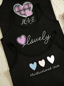 SHEIN 3件套字母和心形印花吊带背心和短裤睡衣套装