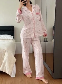 Striped Heart Print Lapel Collar Pink Button Up Top & Pants Pajama Set, Fall Winter Clothes Cozy And Elegant Details Women Pajama Set Pink Pajama Set Heart Pajama Set Striped Pajama Set Button Up Pajama Set