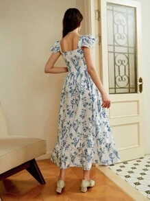 Penseblé 女款花卉印花荷叶边盖袖 A 字连衣裙，适合外出、居家、花园茶会、约会、返校、感恩节、万圣节 - 藍白色 - 查看 2