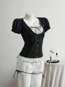 Elamini Black Vintage 2 In 1 Short Sleeve T-Shirt, Fashionable Spring/Summer