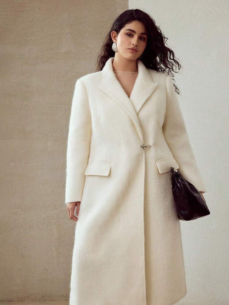 PLUS SIZE WOOL CHIC METAL BUCKLE DECOR LAPEL WAIST CINCHED MID-LENGTH BLEND COAT, AUTUMN/WINTER FALL