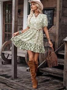 LanaWest 女式印花宽松娃娃裙，休闲乡村风格，适合日常穿着